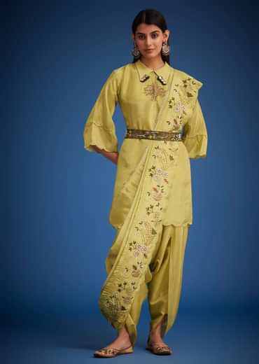 Mehendi Green Tissue Embroidered Dhoti Set