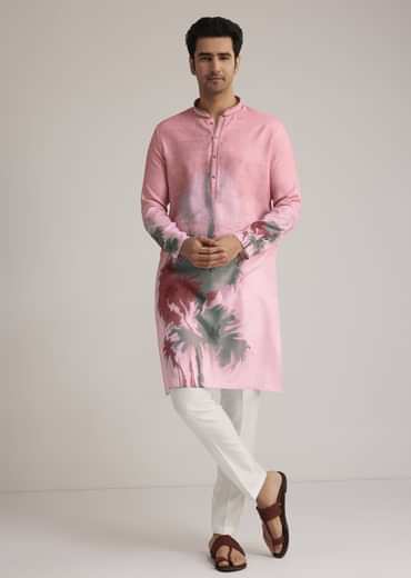 Pink Linen Ombre Kurta Set With Abstract Print