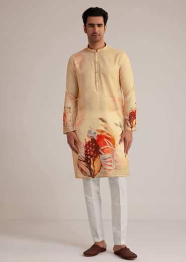 Fawn Linen Kurta Set With Butterfly Inspired Abstract Print