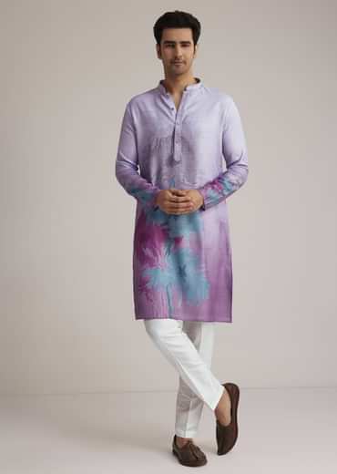 Lilac Linen Kurta Set With Ombre Abstract Print
