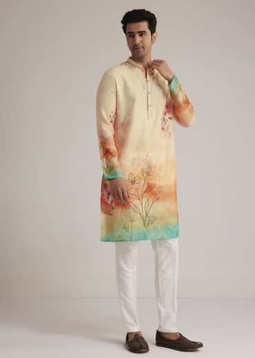 Fawn Linen Ombre Kurta Set With Floral Print