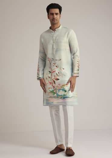 Sky Blue Linen Kurta With Floral Print