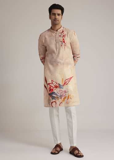 Beige Linen Kurta With Floral Print