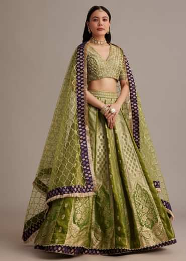 Mehendi Green Banarasi Silk Lehenga Set With Zardosi Work