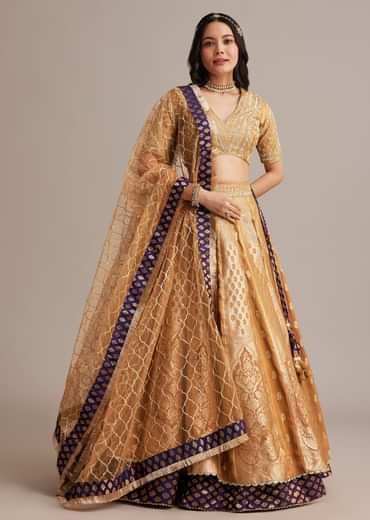 Light Brown Banarasi Silk Lehenga Set With Zardosi Work
