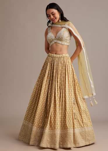 Light Yellow Printed Lehenga Set With Mirror And Moti Work