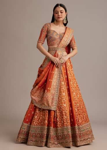 Rust Orange Tissue Lehenga Set With Resham Zari And Sequins Work