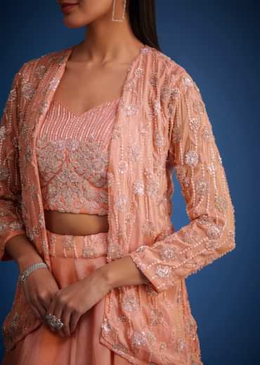 Peach Raw Silk Embroidered Jacket Lehenga Set