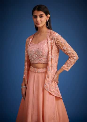 Peach Raw Silk Embroidered Jacket Lehenga Set