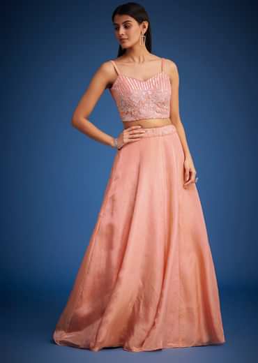 Peach Raw Silk Embroidered Jacket Lehenga Set