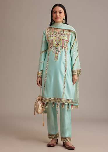 Sky Blue Silk Kurta Set With Mirror And Thread Work