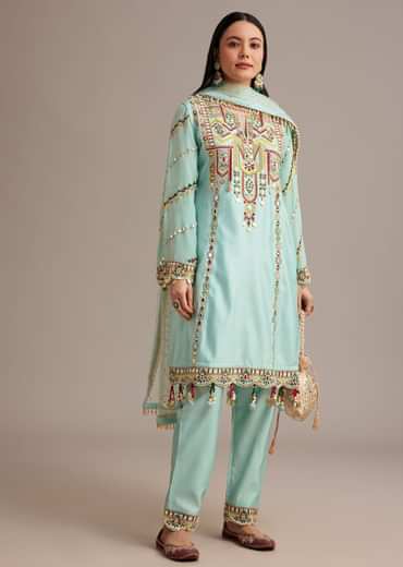 Sky Blue Silk Kurta Set With Mirror And Thread Work