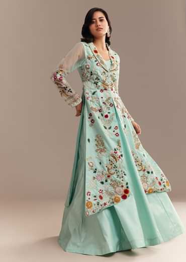 Light Aqua Blue Zardosi Embroidered Jacket Lehenga Set