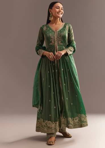 Green Tissue Embroidered Anarkali Pant With Organza Dupatta