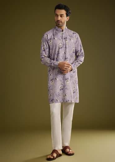 Purple Zipper Kurta Set In Russian Silk With Floral Printed