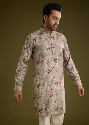 Grey Printed Kurta Set In Russian Silk With Zipper