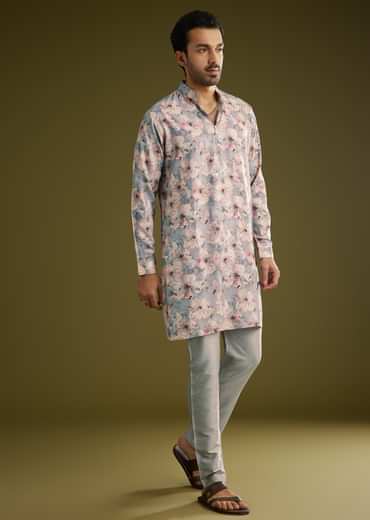 Grey Pashmina Silk Kurta Set With Floral Print