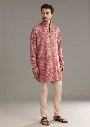 Red Pashmina Silk Zipper Kurta Set With Paisley Swirl Print
