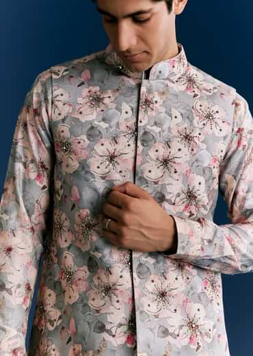 Grey Silk Kurta Jacket Set With Sequins And Thread Embroidery