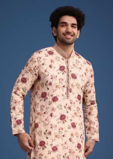 Beige Linen Printed Kurta Set With Floral Motifs