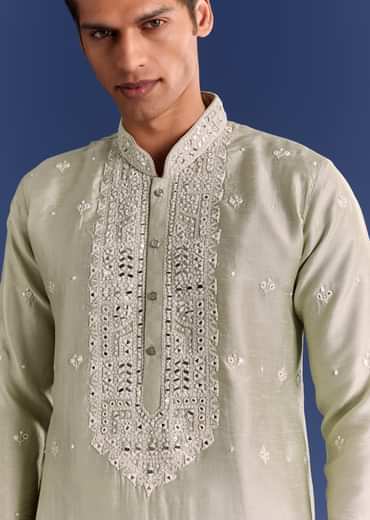 Light Grey Raw Silk Kurta Set With Embroidery
