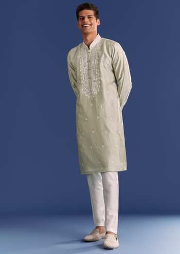 Light Grey Raw Silk Kurta Set With Embroidery