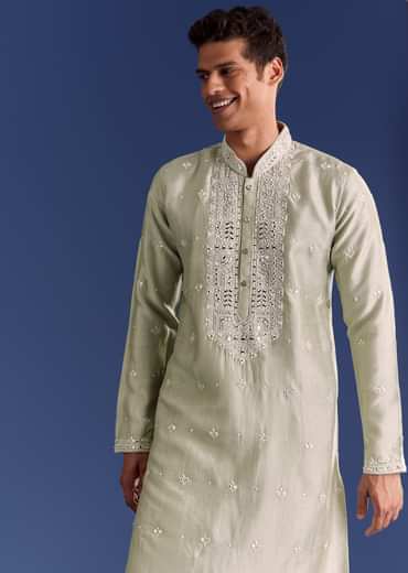 Light Grey Raw Silk Kurta Set With Embroidery
