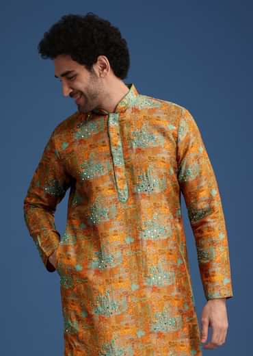 Mustard Yellow Silk Printed Kurta Set