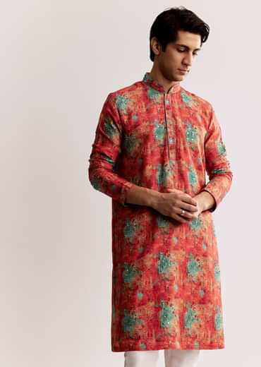 Red Silk Kurta Set With Sequins Embroidery
