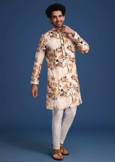 Beige Linen Printed Kurta Set With Leaf Motifs
