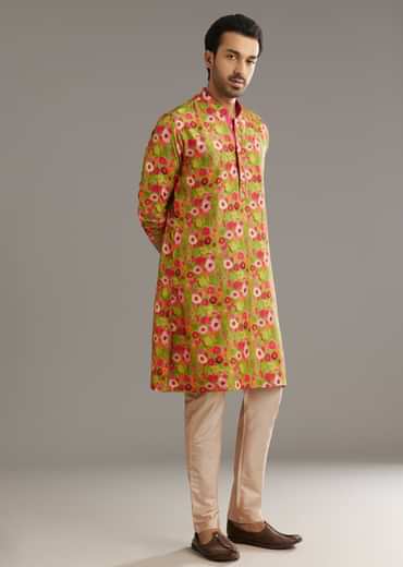 Green Russian Silk Kurta Set With Blossoming Prints