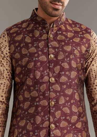 Wine Kurta Jacket Set In Modal Chanderi With Printed Design