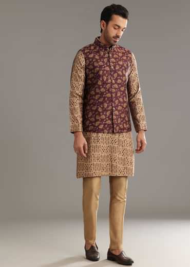 Wine Kurta Jacket Set In Modal Chanderi With Printed Design