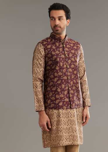 Wine Kurta Jacket Set In Modal Chanderi With Printed Design