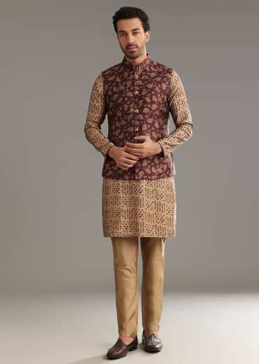 Wine Kurta Jacket Set In Modal Chanderi With Printed Design