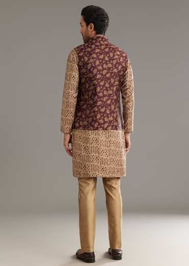 Wine Kurta Jacket Set In Modal Chanderi With Printed Design