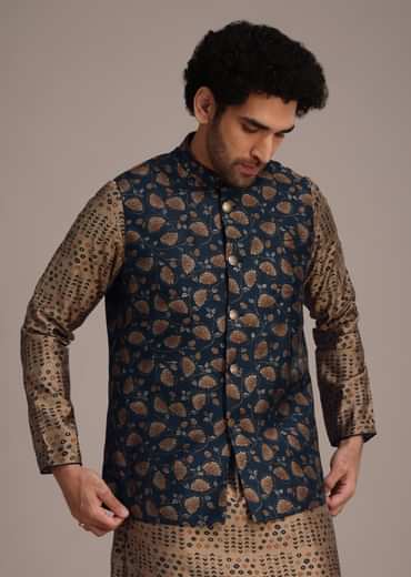 Bronze Silk Printed Kurta Set With Leaf Motifs