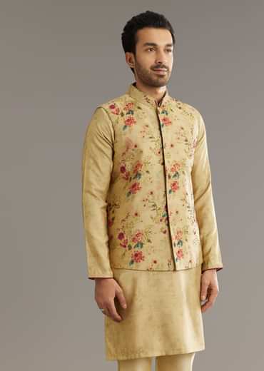 Beige Muslin Kurta Jacket Set With Stone Work