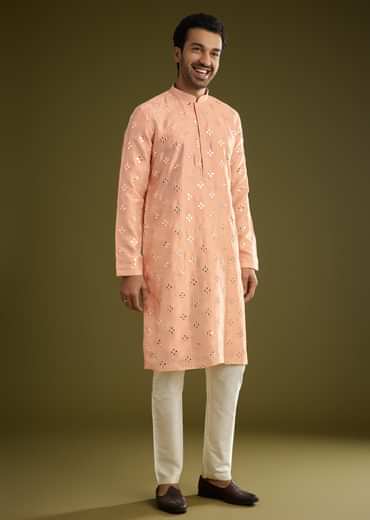Peach Silk Blend Kurta Set With Mirror Work