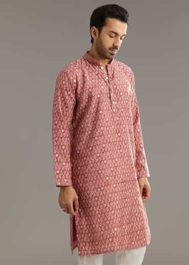 Pink Muslin Kurta Set With Symmetric Prints