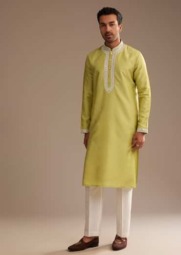 Yellow Silk Kurta Set With Yoke Embroidery