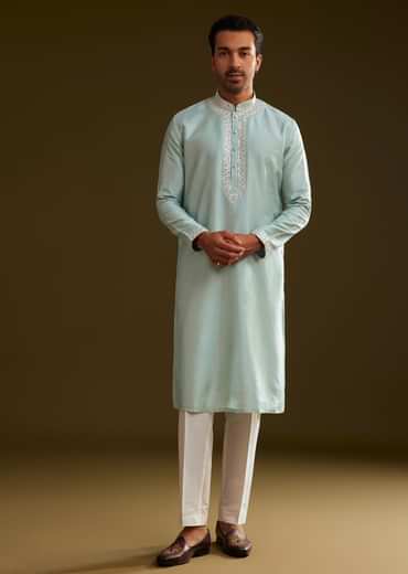 Glacier Blue Silk Kurta Set With Yoke Embroidery
