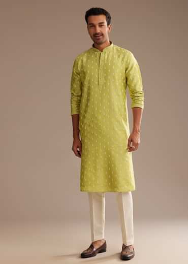 Yellow Silk Kurta Set With Embroidery
