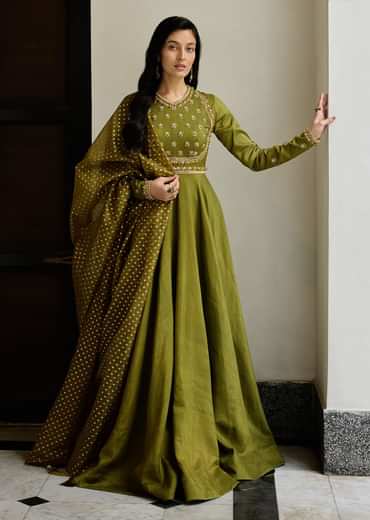 Mehendi Green Tussar Anarkali Suit With Cutdana Embroidery