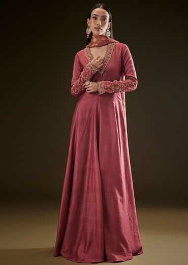 Maroon Raw Silk Embroidered Anarkali With Printed Dupatta