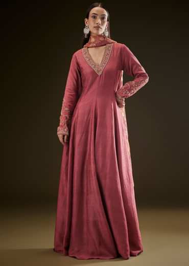 Maroon Raw Silk Embroidered Anarkali With Printed Dupatta