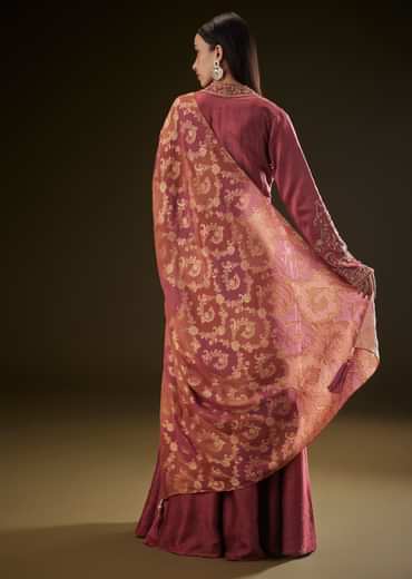 Maroon Raw Silk Embroidered Anarkali With Printed Dupatta