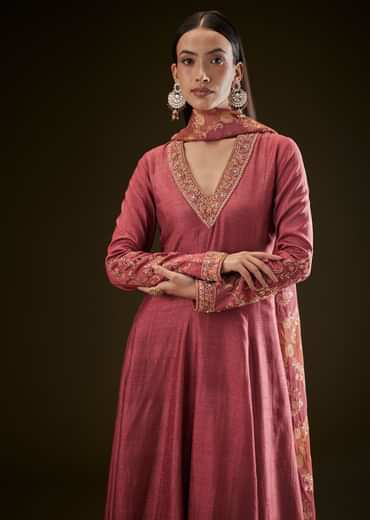 Maroon Raw Silk Embroidered Anarkali With Printed Dupatta