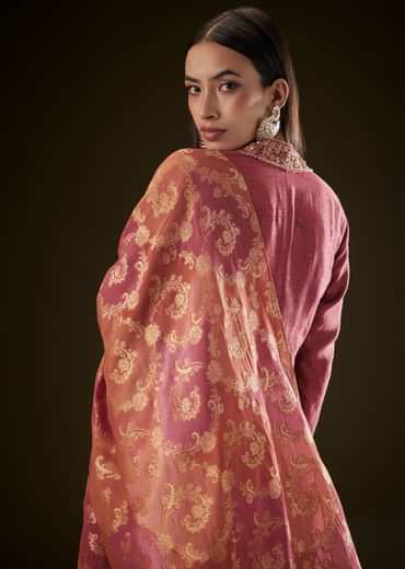 Maroon Raw Silk Embroidered Anarkali With Printed Dupatta