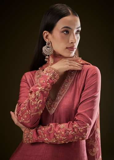 Maroon Raw Silk Embroidered Anarkali With Printed Dupatta